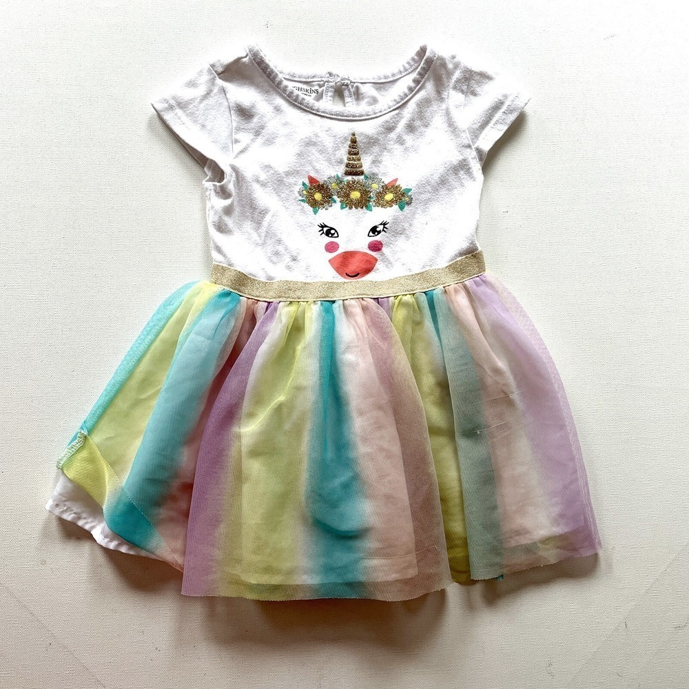 ToughSkins Girls 2T White Unicorn Dress Tulle Rainbow Party Jersey Short Sleeve